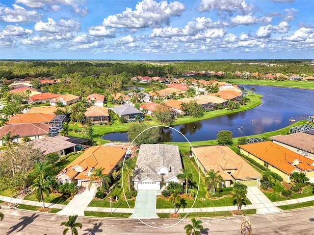 aerial view featuring a water view