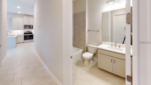 full bathroom with toilet, tub / shower combination, vanity, and tile patterned floors