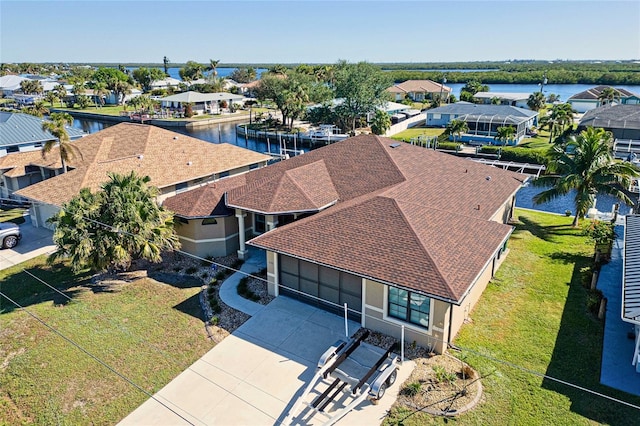 aerial view featuring a water view