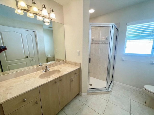 bathroom featuring tile patterned floors, vanity, toilet, and an enclosed shower