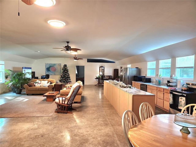 interior space featuring ceiling fan, sink, and vaulted ceiling