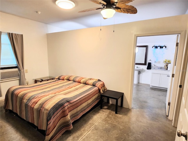 bedroom with concrete flooring, ensuite bathroom, ceiling fan, and cooling unit