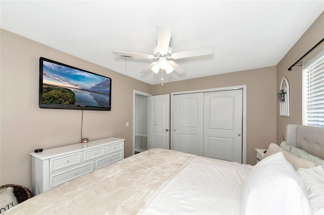 bedroom with ceiling fan and a closet