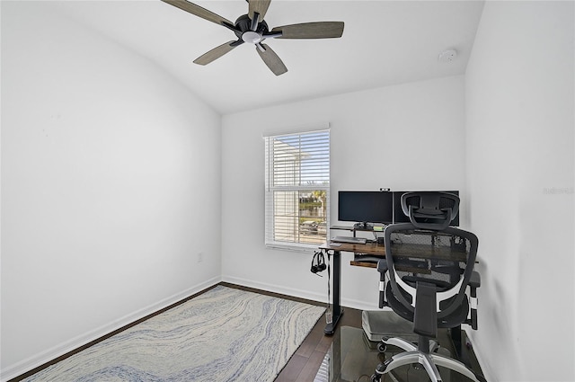 4008 Via Sienna Cir, Sarasota, FL 34243 - office area with ceiling fan, dark wood-type flooring, and baseboards