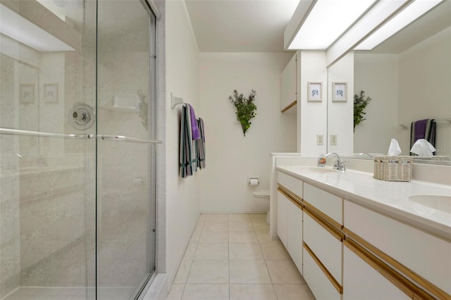 bathroom with tile patterned floors, vanity, toilet, and a shower with shower door