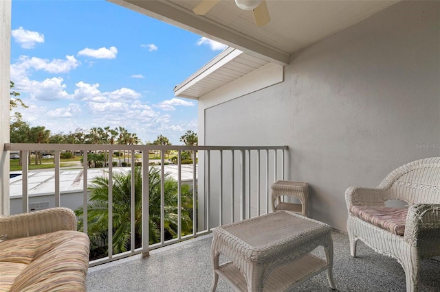 balcony featuring ceiling fan