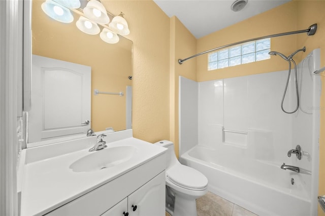 full bathroom featuring tile patterned floors, vanity, shower / bathtub combination, and toilet