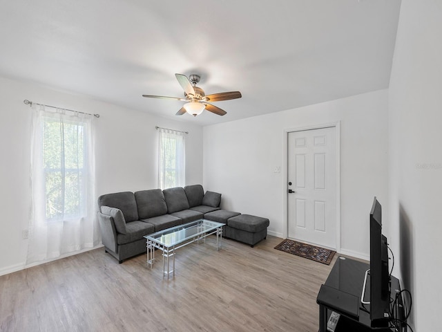 living room with plenty of natural light, ceiling fan, and light hardwood / wood-style flooring