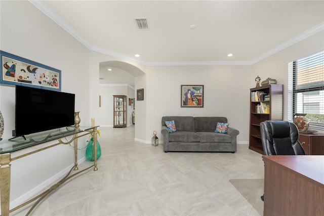 living room with crown molding