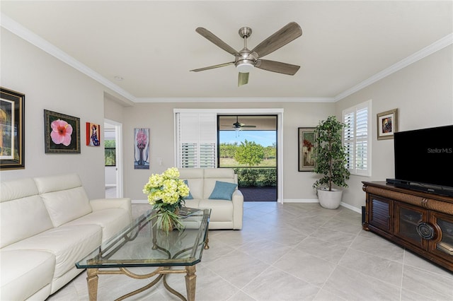 living room with crown molding and light tile patterned floors