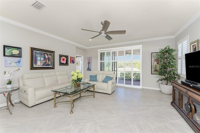 living room featuring a wealth of natural light, crown molding, and ceiling fan