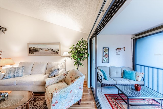 living room with wood-type flooring, a textured ceiling, and lofted ceiling