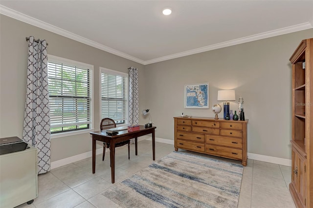 office area with light tile patterned floors and ornamental molding