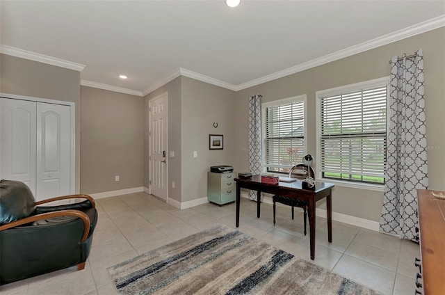 office area featuring light tile patterned floors and ornamental molding