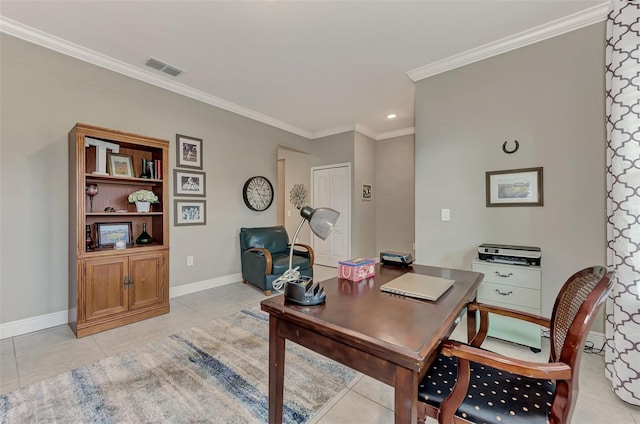 office area featuring light tile patterned floors and crown molding