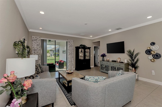 tiled living room with ornamental molding