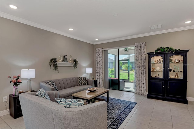 tiled living room with ornamental molding