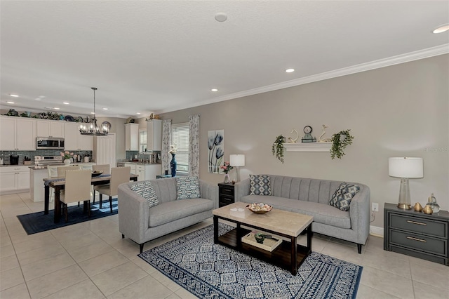 living room featuring crown molding and light tile patterned flooring