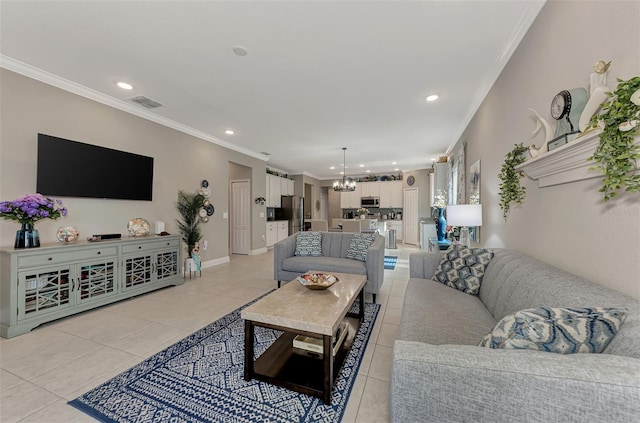 tiled living room featuring a chandelier and ornamental molding