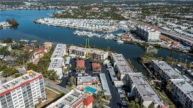 drone / aerial view with a water view