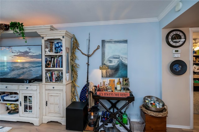 interior details with hardwood / wood-style flooring and ornamental molding