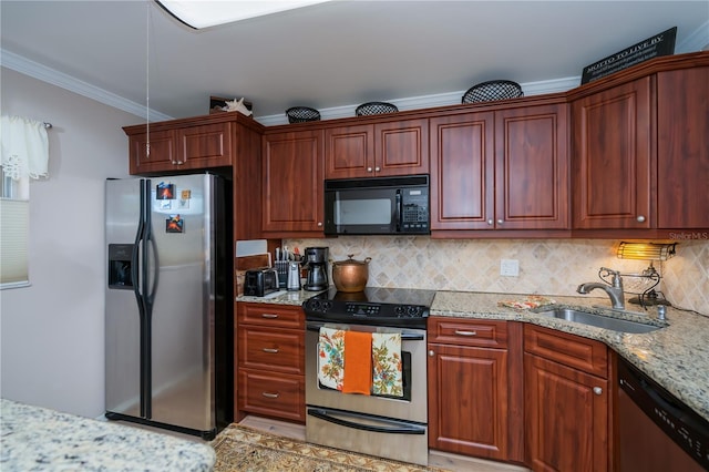 kitchen featuring decorative backsplash, appliances with stainless steel finishes, ornamental molding, and sink