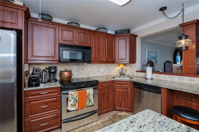 kitchen featuring decorative backsplash, ornamental molding, stainless steel appliances, and hanging light fixtures