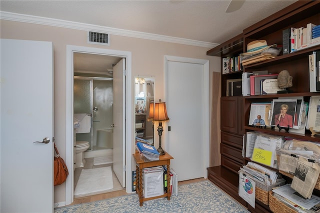 interior space with hardwood / wood-style flooring and ornamental molding