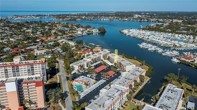 bird's eye view with a water view