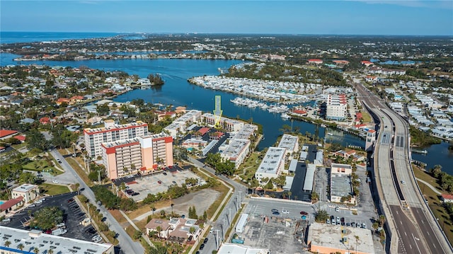 drone / aerial view with a water view