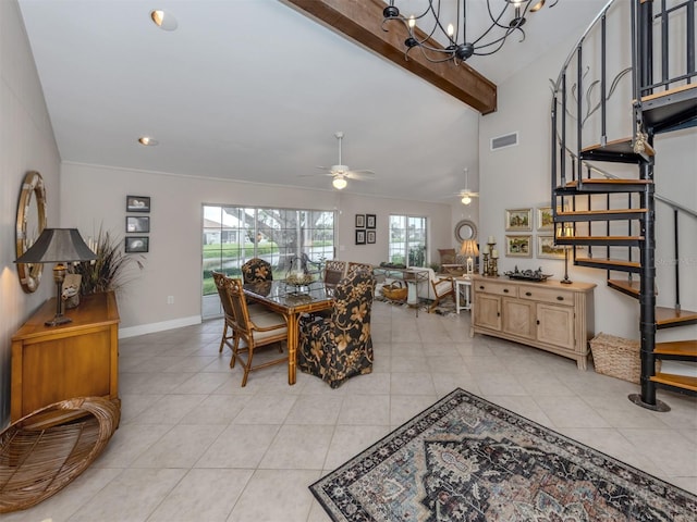 dining space with light tile patterned flooring, lofted ceiling with beams, and ceiling fan with notable chandelier