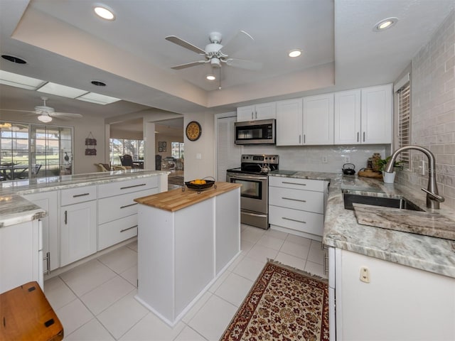 1141 Sleepy Hollow Ct, Venice, FL 34285 - kitchen with appliances with stainless steel finishes, a ceiling fan, wooden counters, a tray ceiling, and a sink