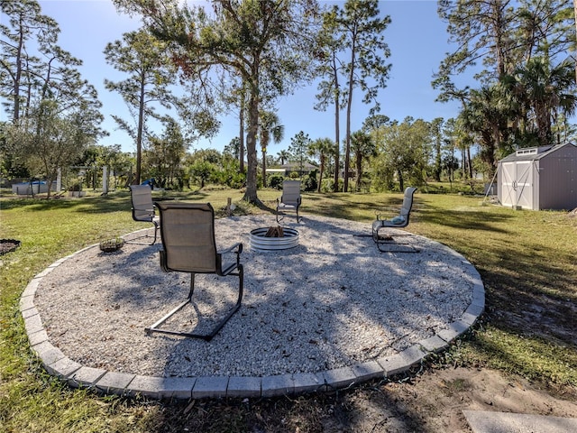 view of property's community featuring a fire pit, a storage unit, and a yard