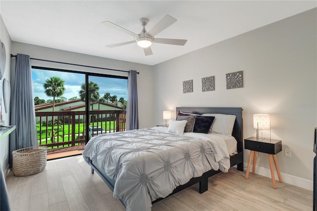 bedroom featuring access to outside, light wood-style floors, baseboards, and ceiling fan