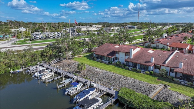 drone / aerial view featuring a water view