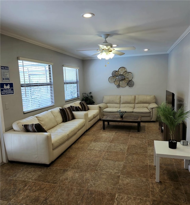 living room featuring ceiling fan and crown molding