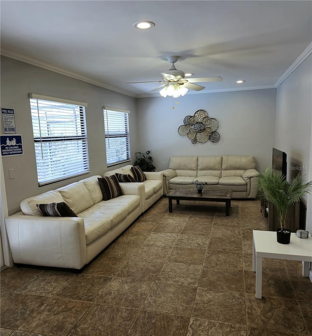 living room featuring ornamental molding and ceiling fan