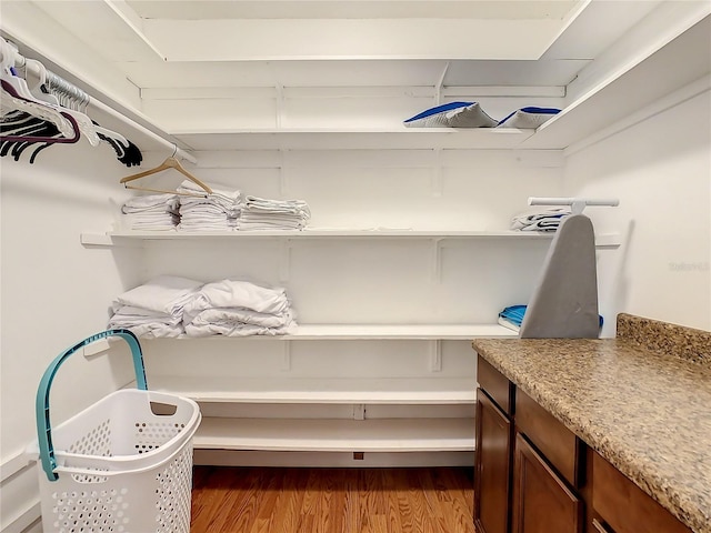 spacious closet with dark wood-type flooring