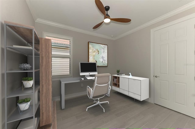 office with ceiling fan, wood-type flooring, and ornamental molding