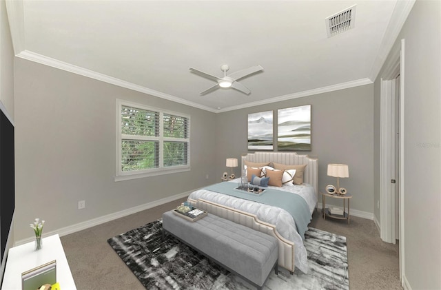 carpeted bedroom featuring ceiling fan and ornamental molding