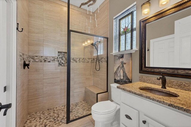 bathroom with a tile shower, vanity, and toilet