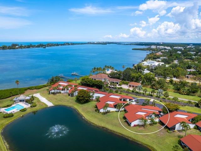 aerial view featuring a water view