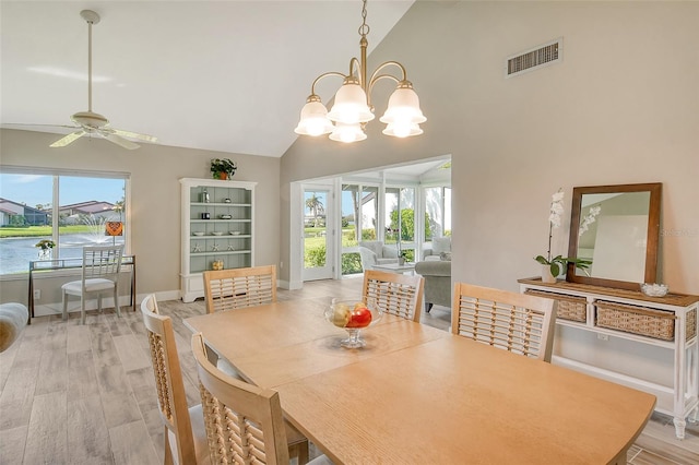 dining area featuring ceiling fan with notable chandelier, a water view, light wood-type flooring, and a wealth of natural light