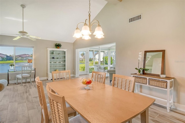 dining area featuring plenty of natural light, a water view, light wood-type flooring, and lofted ceiling