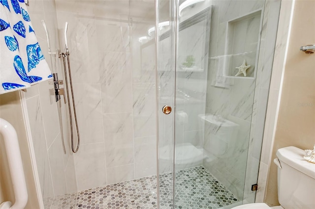 bathroom with an enclosed shower and toilet