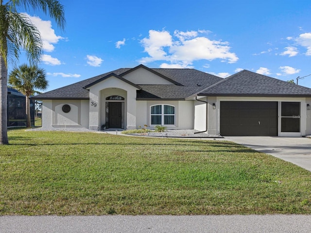 single story home with a front lawn and a garage