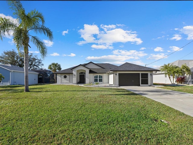 single story home featuring a garage and a front yard