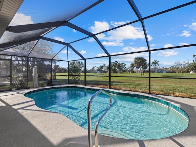 view of swimming pool with glass enclosure