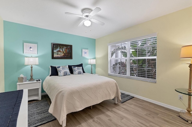 bedroom with ceiling fan and light wood-type flooring