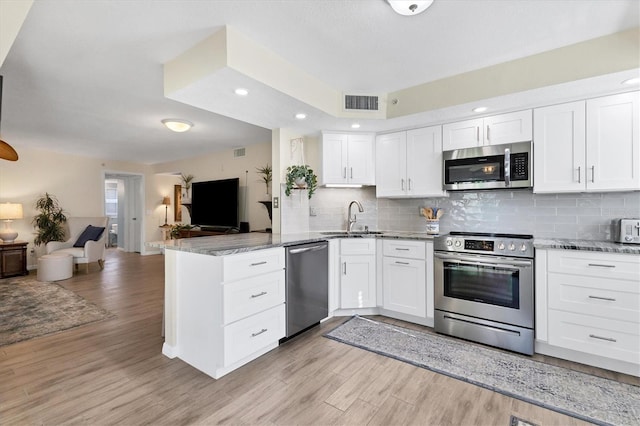 815 Montrose Dr Unit 103, Venice, FL 34293 - kitchen with appliances with stainless steel finishes, a sink, open floor plan, a peninsula, and light stone counters